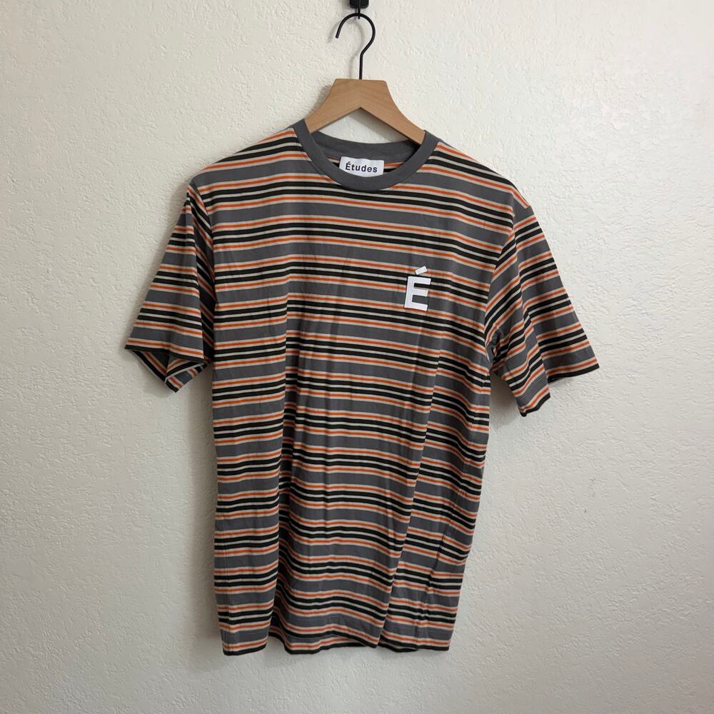 Etudes Men's Crew Neck Short Sleeve Striped Wonder T-Shirt Grey Orange Medium